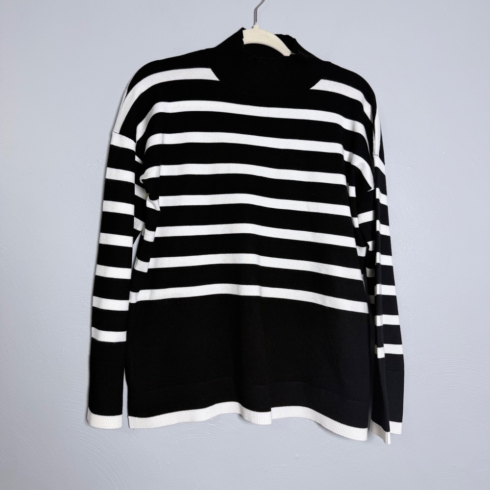 Cable & Gauge Womens Mock Neck Striped Sweater Black White Size M Drop Shoulder